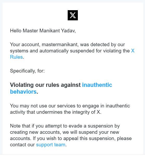 X Suspension Email 1 - Inauthentic Behaviors